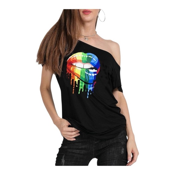 MAGICMK Rainbow Lips Off-Shoulder Graphic Tee NWOT - Picture 4 of 6